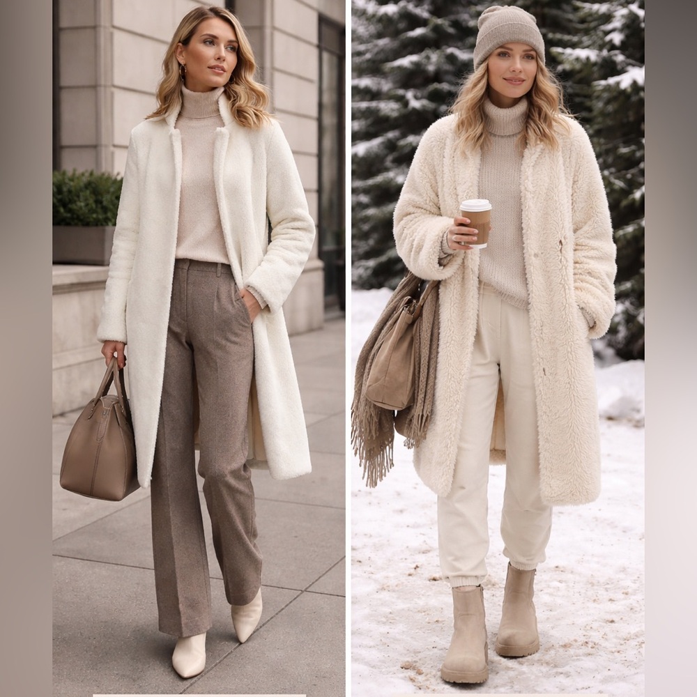 NWT HUDSON JEANS Reversible Shearling Teddy Longline Coat‎ Ivory Quiet Luxury, S